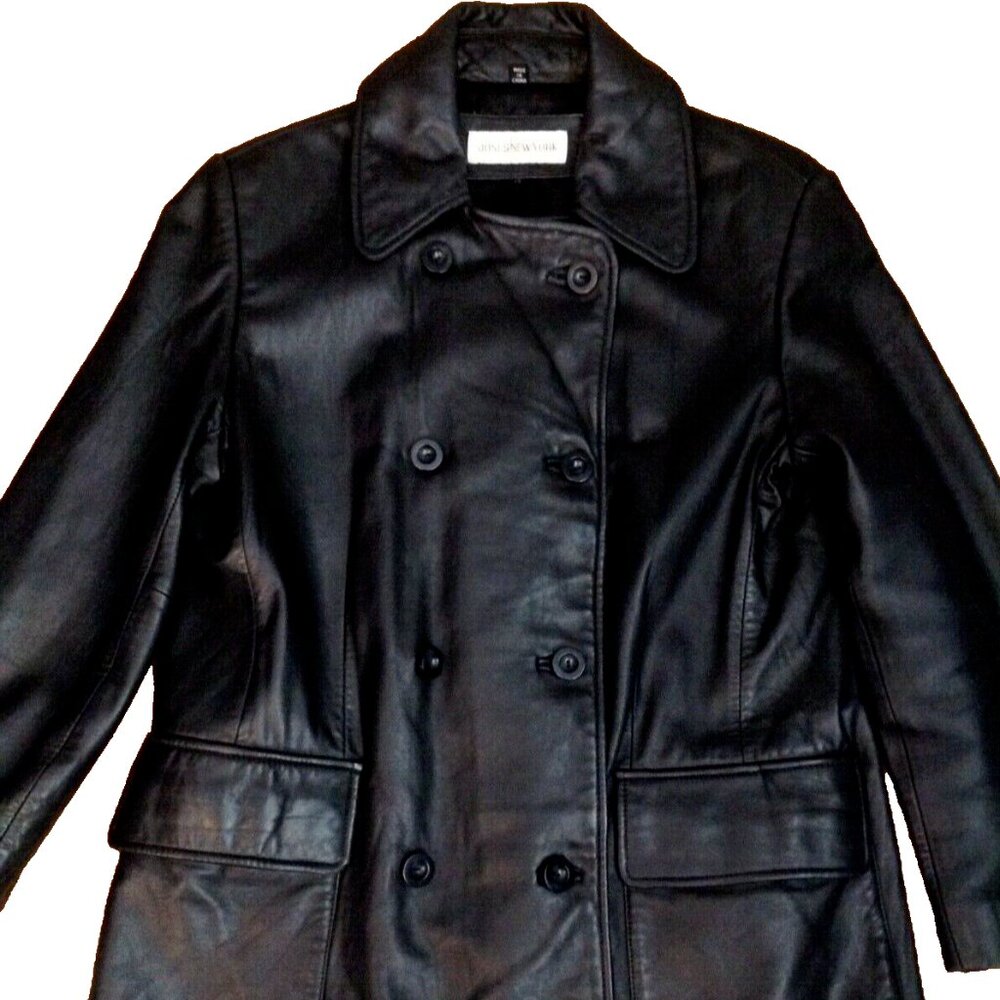 JONES NEW YORK BLACK LEATHER PEACOAT JACKET WOMENS M BUTTON UP DOUBLE BREASTED